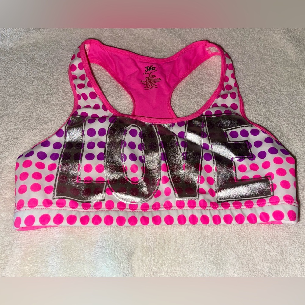"JUSTICE" RAZORBACK CROP TOP, THE WORD -LOVE- ON THE FRONT, GIRLS SIZE 32 (XL)